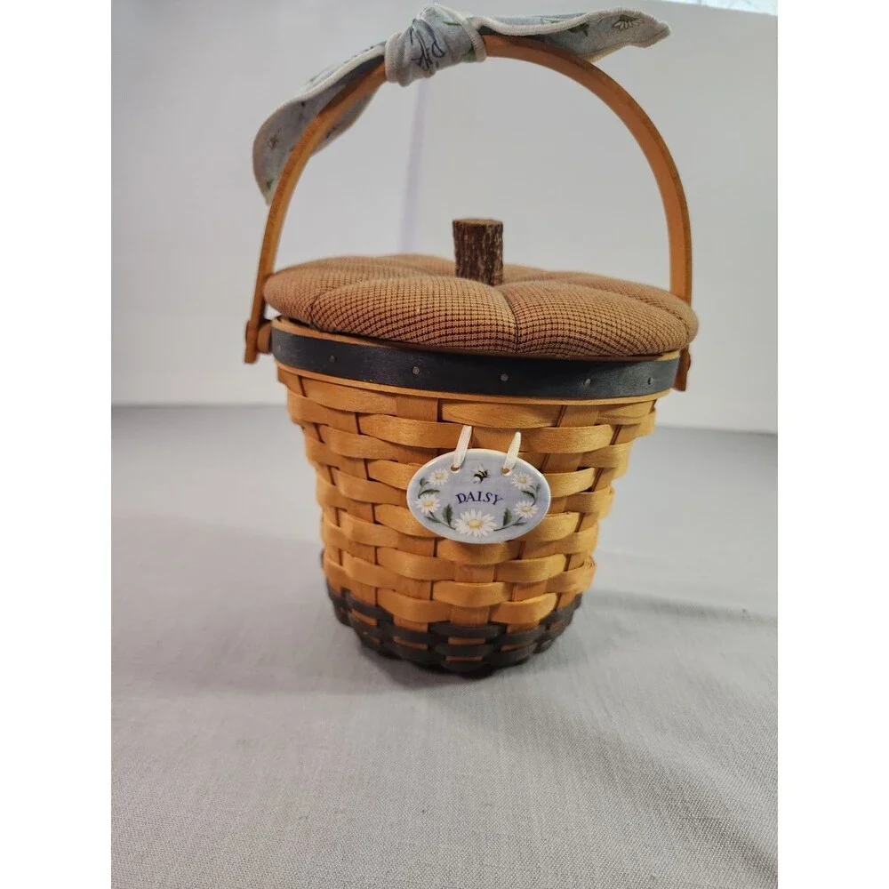 Longaberger 1999 Daisy Basket Handwoven with Fabric Pumpkin Lid & Handle Decor